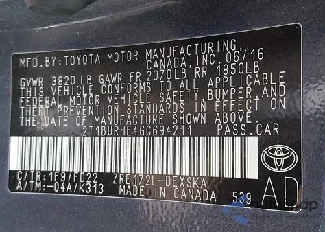 2016 Toyota Corolla S Plus from USA, damaged, VIN 2T1BURHE4GC694211